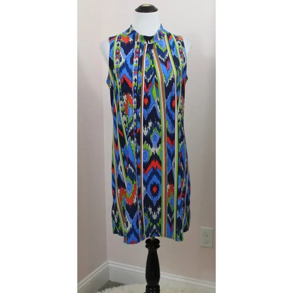 JUDE CONNALLY Sz M Medium Blue Red Green Splatter Print Sleeveless Nylon Dress - Picture 1 of 7
